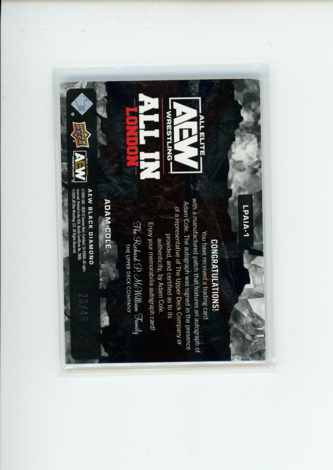 2024 Black Diamond AEW Adam Cole #LPAIA-1 All In Event Logo Patch Auto 28/49
