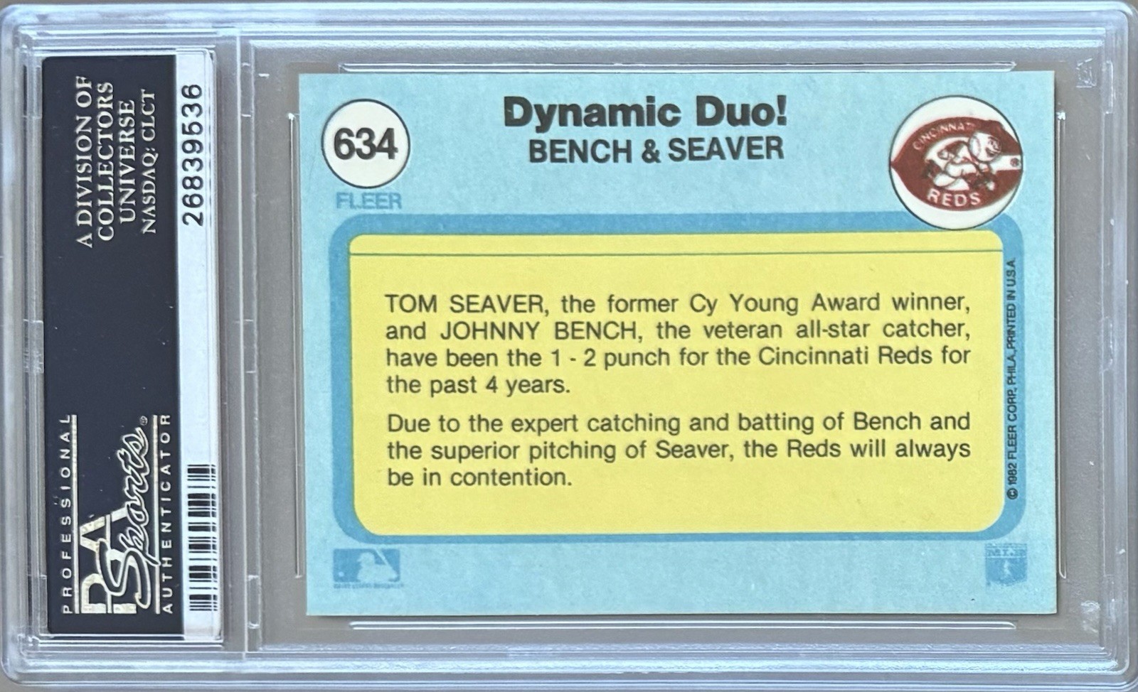 1982 FLEER #634 JOHNNY BENCH & TOM SEAVER HOF PSA 10 GEM MT REDS ** DYNAMIC DUO!