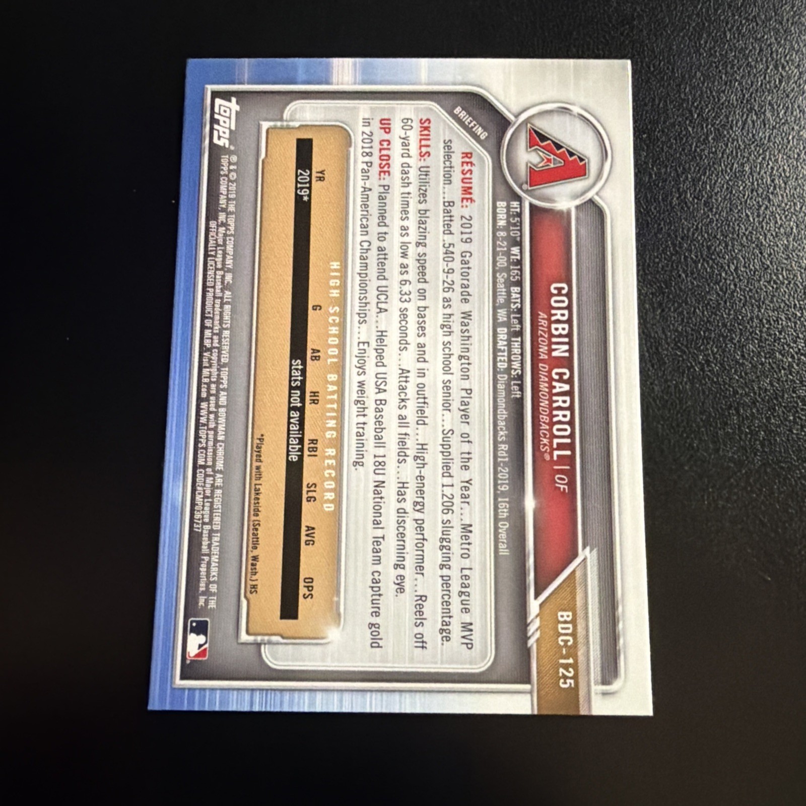 2019 Bowman Chrome Draft Corbin Carroll Prospect 1st #BDC-125 Diamondbacks RC