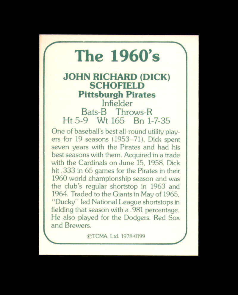 Dick Schofield Hand Signed 1978 TCMA 60’s Pittsburgh Pirates Autograph