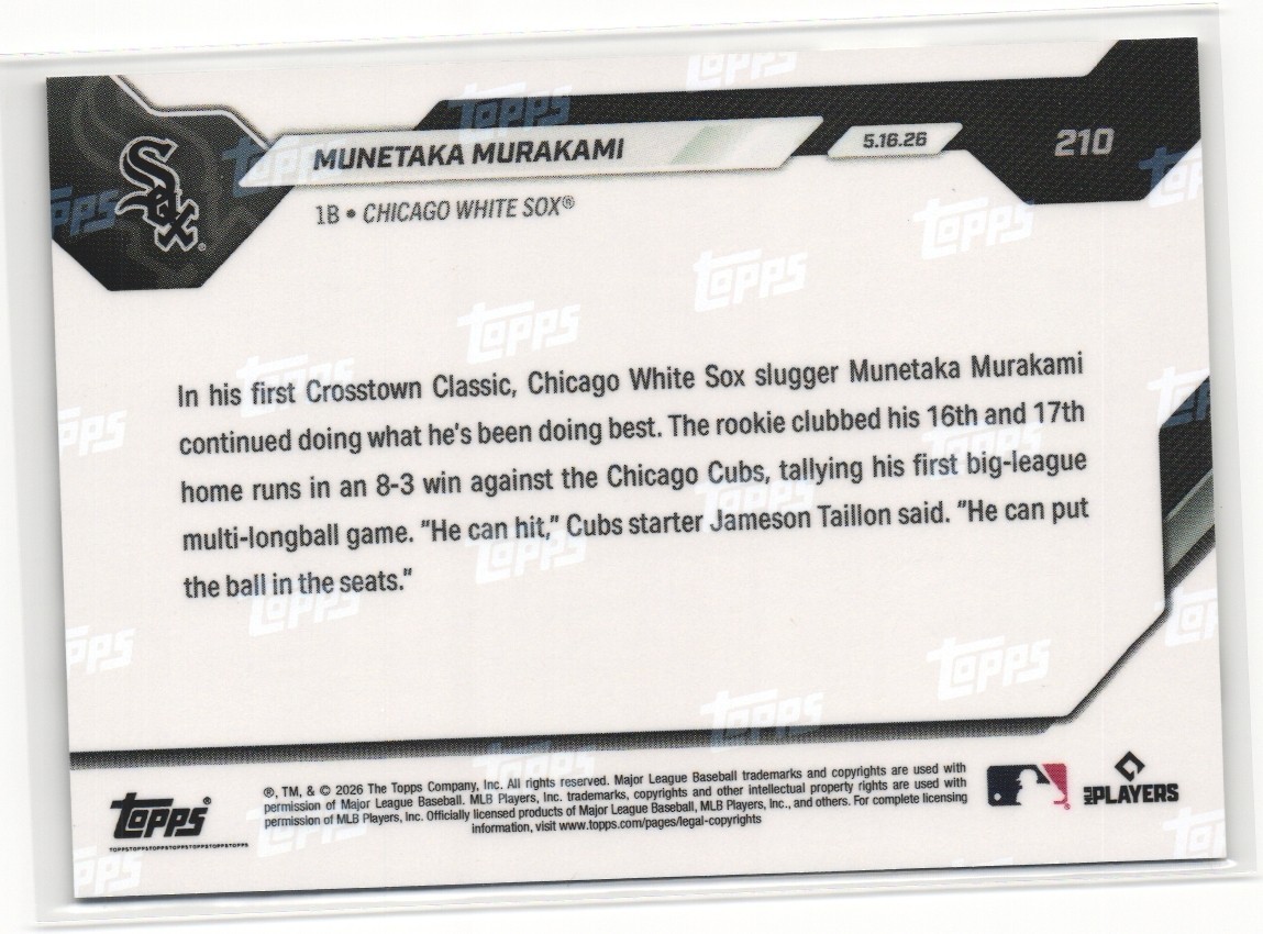 2026 MLB Topps NOW #210 Munetaka Murakami Rookie RC 1st Multi-HR White Sox