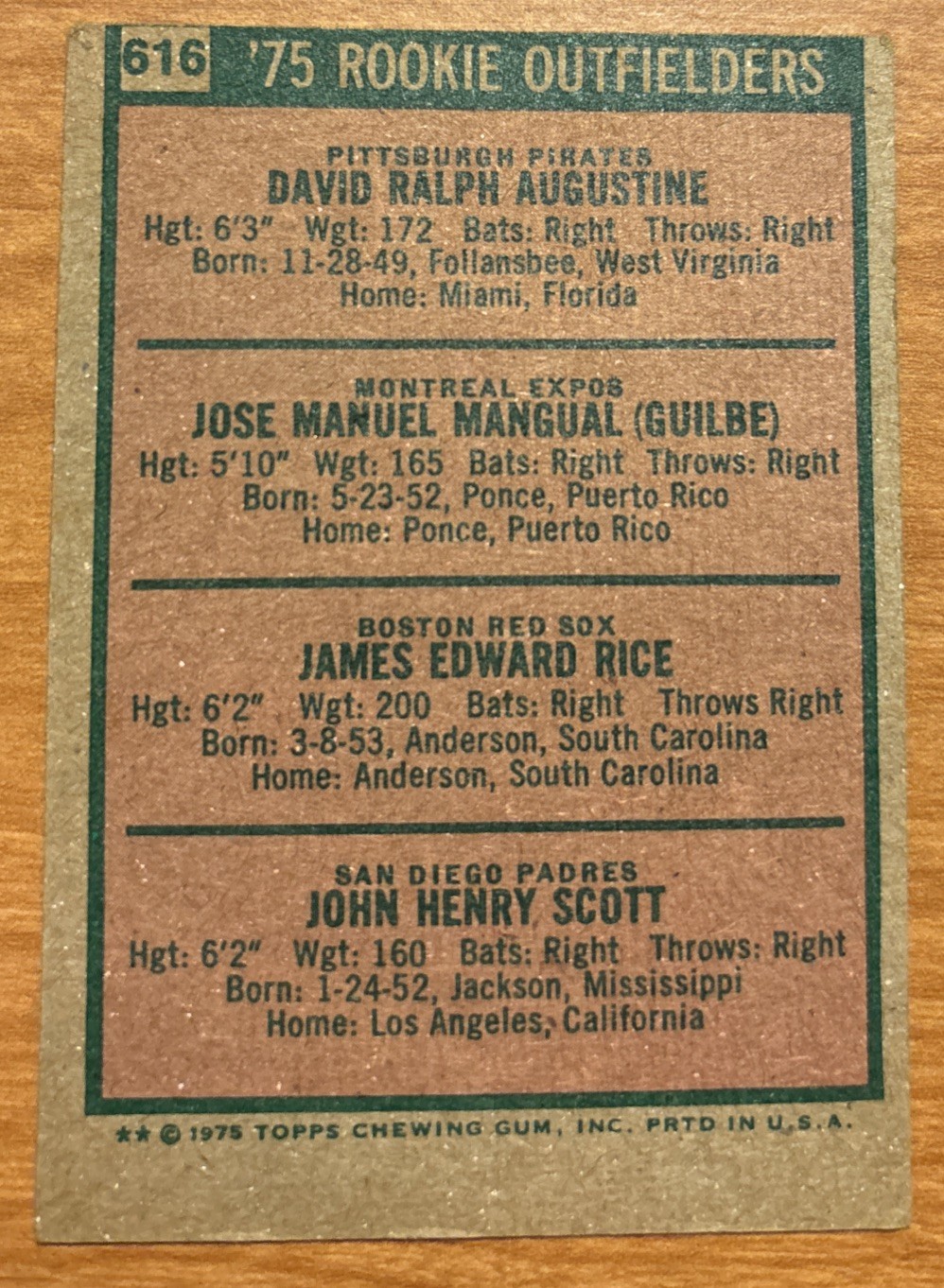 1975 Topps 1975 Rookie Outfielders RC Jim Rice Pepe Mangual John Scott #616 EX