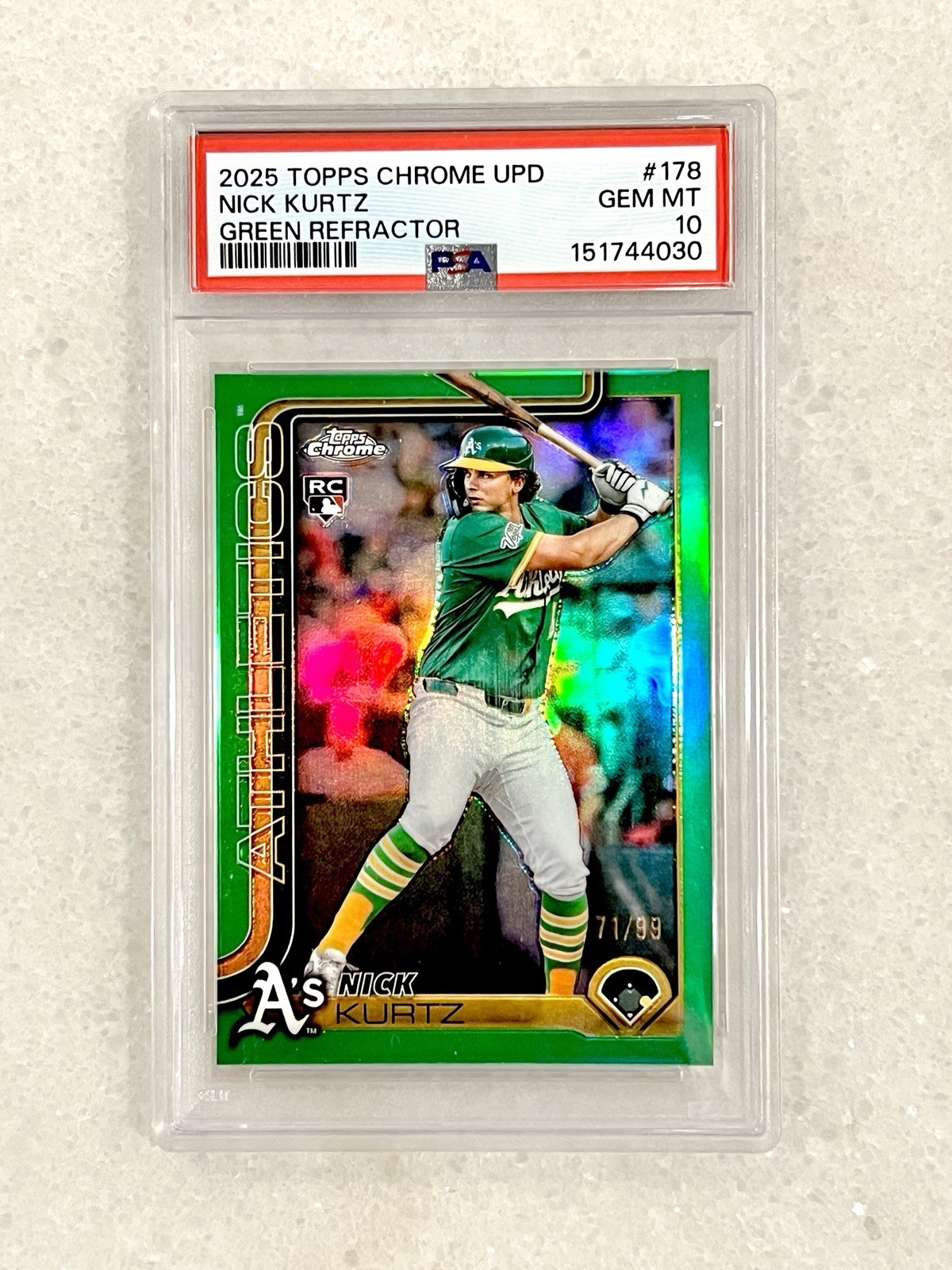 2025 Topps Chrome Update Nick Kurtz True Green Refractor RC /99 PSA 10 Pop 4