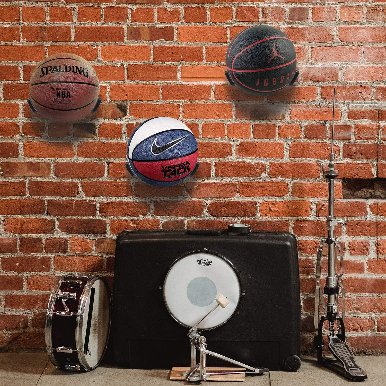 Wall-Mounted Sports Ball Display Shelf with Self-Sticking Claw Racks