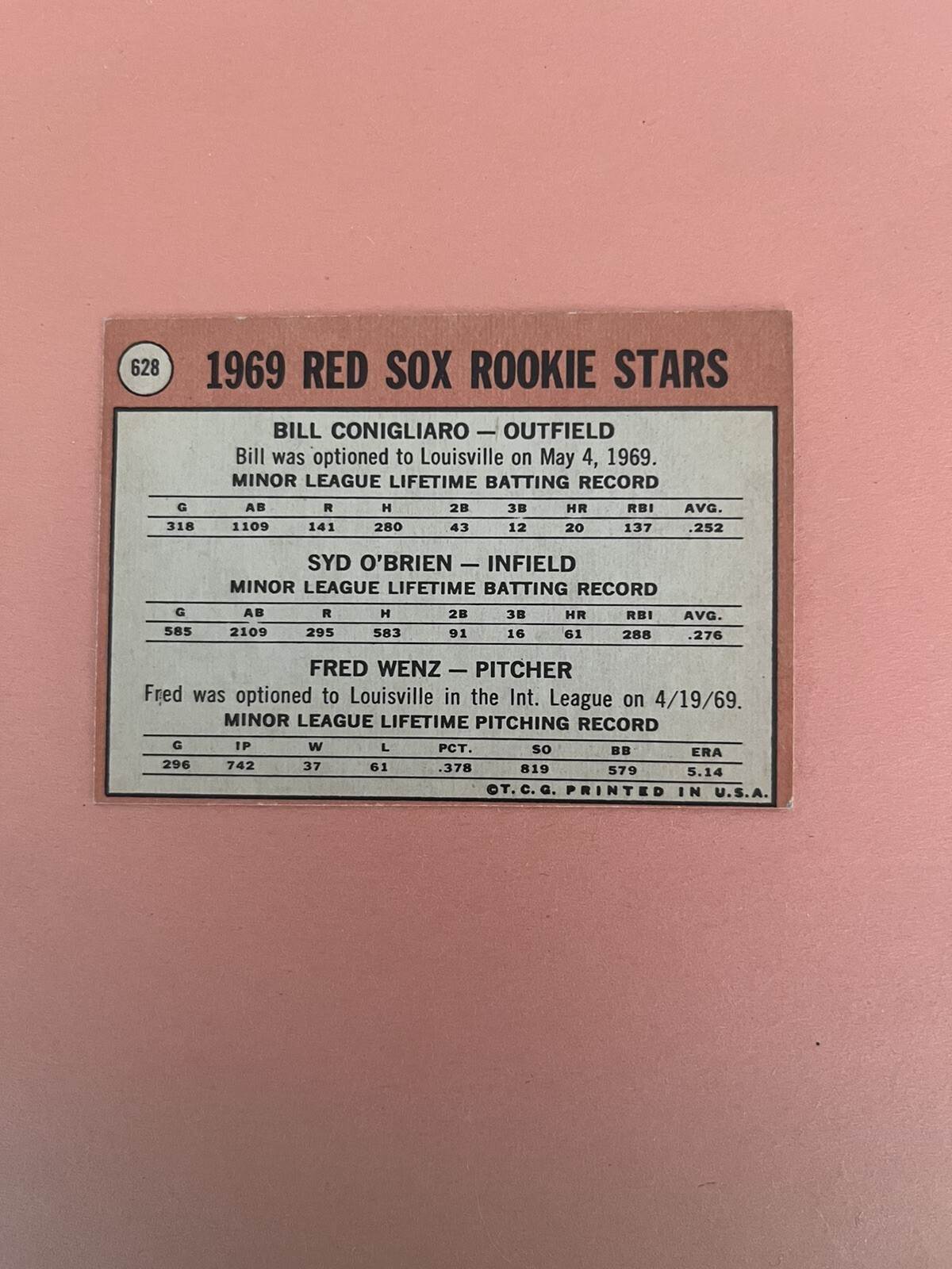 1969 Topps #628 Red Sox Rookies B. Conigliaro, S. O’Brien, F. Wenz Autographs.