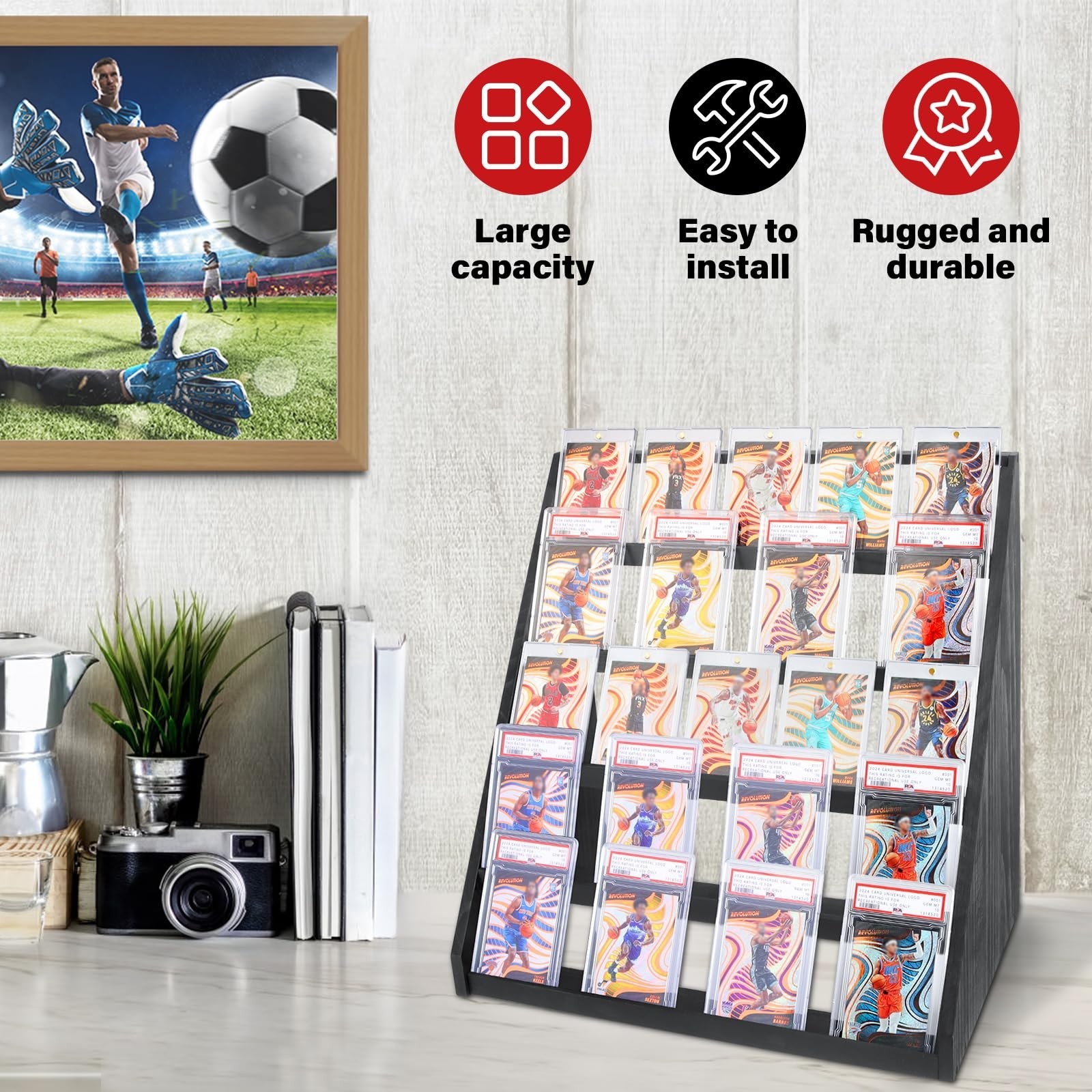 5-Tier Wooden Trading Card Display Stand for Graded Cards – Large Capacity Case