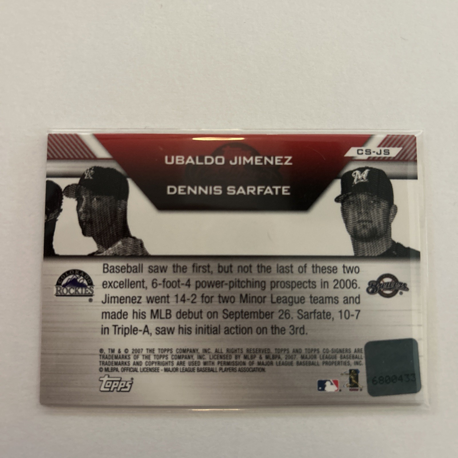 2007 Topps Co-Signers Ubaldo Jimenez – Dennis Sarfate Autograph #CS-JS Rockies