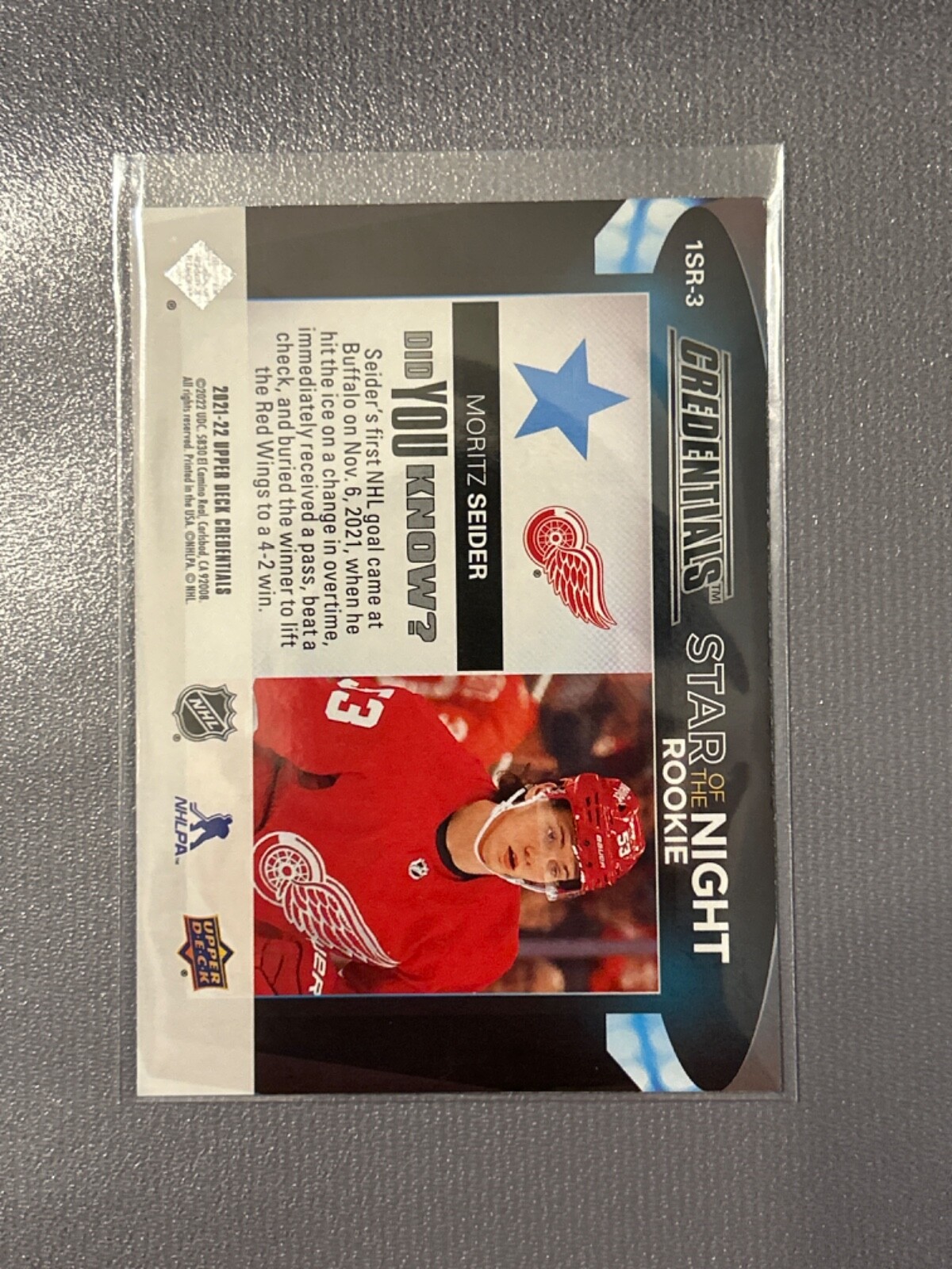 2021-22 Credentials 1st Star of the Night Rookie #1SR-3 Moritz Seider Red Wings