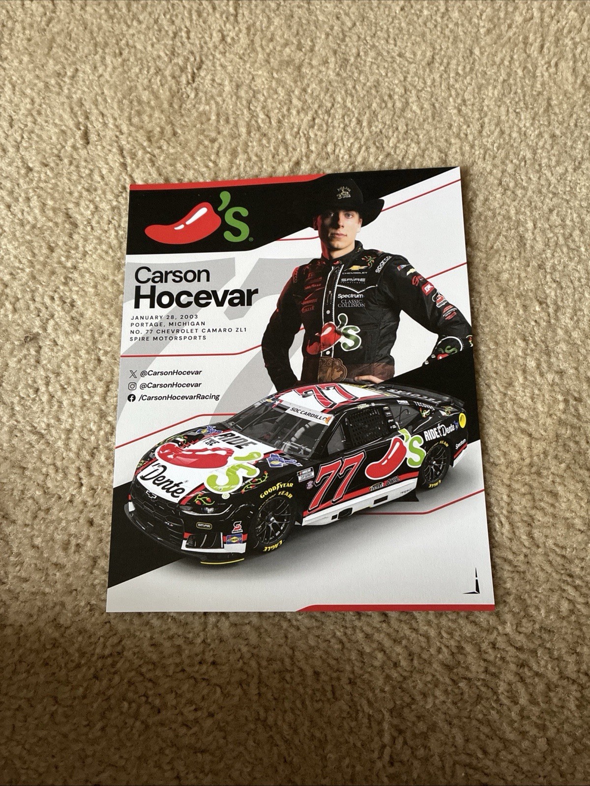 NASCAR Driver #77 Carson Hocevar Ride The Dente 2026 Postcard Charlotte Race
