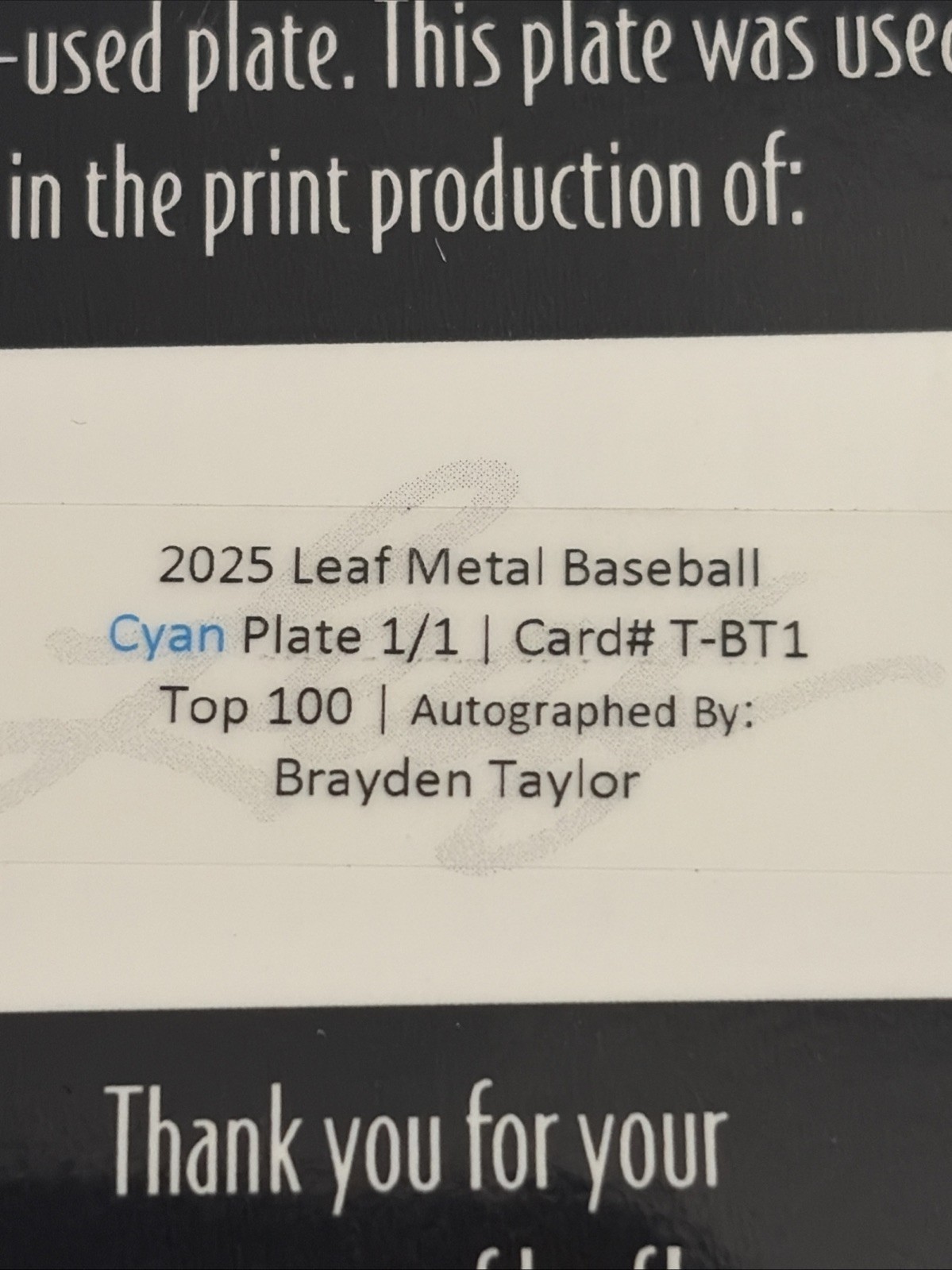 2025 Leaf Metal Top 100 Brayden Taylor 1/1 Cyan Printing Plate Auto Rays