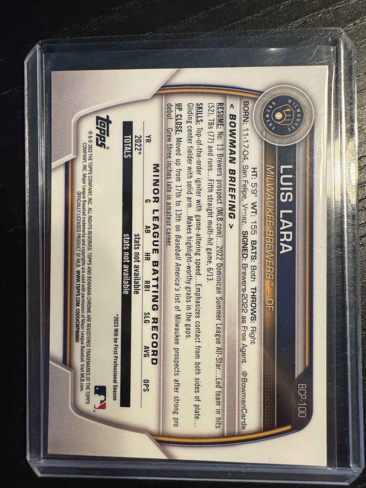 2023 Bowman Chrome Prospects Luis Lara #BCP-100 Fuschia Lunar /199 Brewers