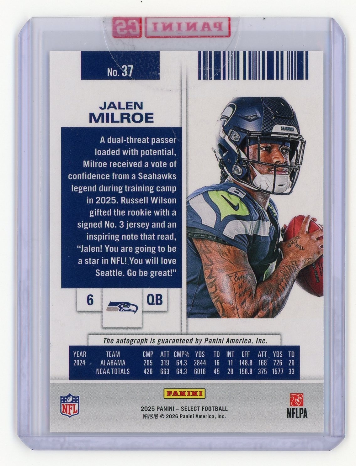 Jalen Milroe 2025 Panini Select #3 Rookie Ticket Auto Redemption Seahawks