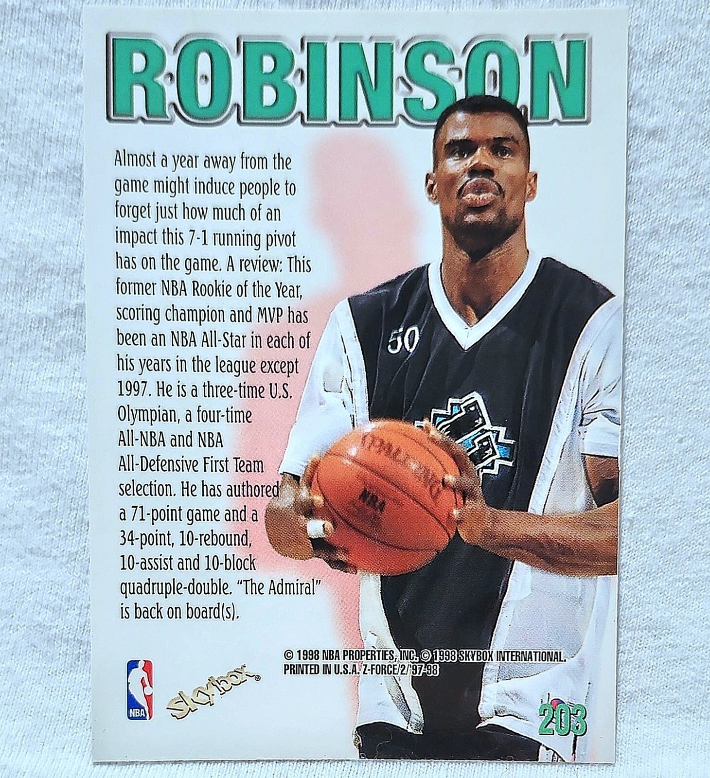 1997-98 Skybox Z-Force #203 David Robinson San Antonio Spurs Card For Sale
