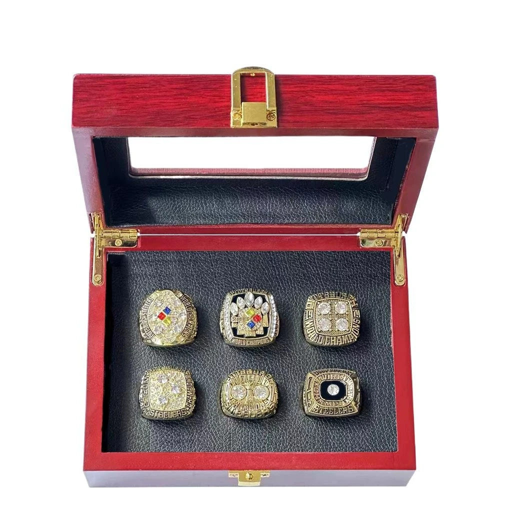 6PCS Pittsburgh Steelers Super Bowl Championship Ring Set W/ Wooden Display Box