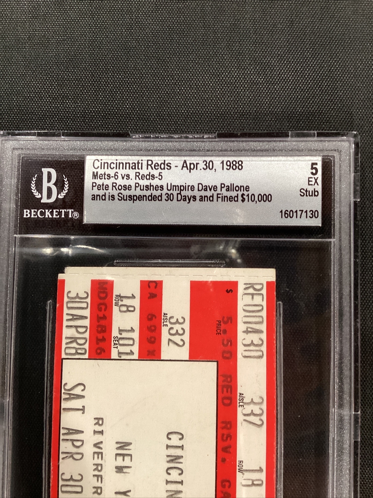 1988 Cincinnati Reds Pete Rose Pushes Umpire Suspended 30 Days Ticket 5 EX Stub