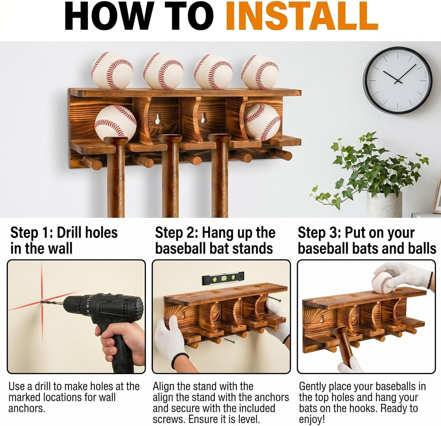 Wood Baseball Bat Holder and Ball Display Shelf Wall Mounted, Sports Memorabilia