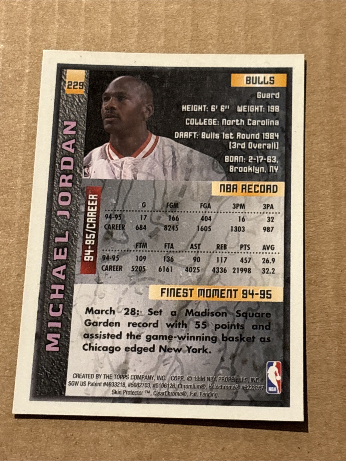 1995-96 Topps Finest Michael Jordan #229 w/ Protective Coating Chicago Bulls