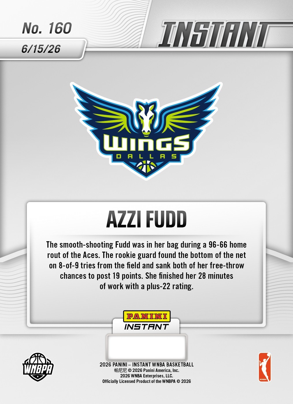 2026 Panini Instant WNBA #160 Azzi Fudd Dallas Wings RC PRESALE