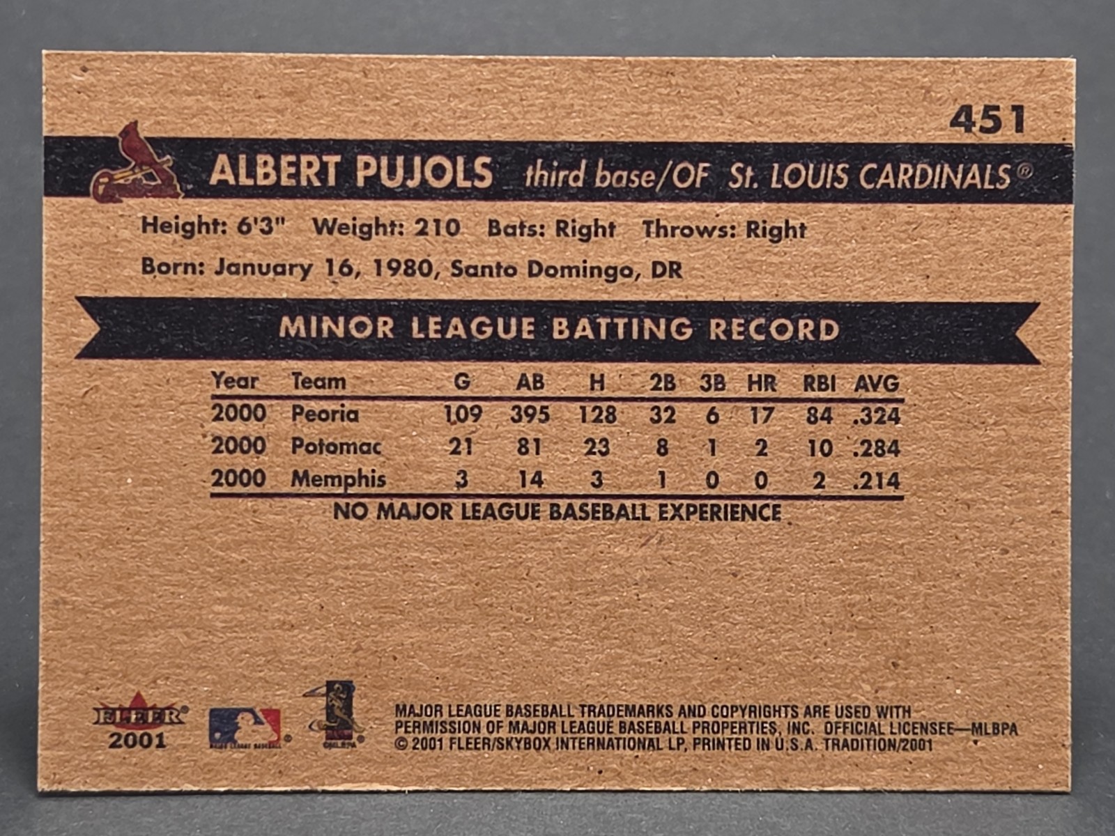 Albert Pujols 2001 Fleer Tradition #451 Rookie (RC) St. Louis Cardinals