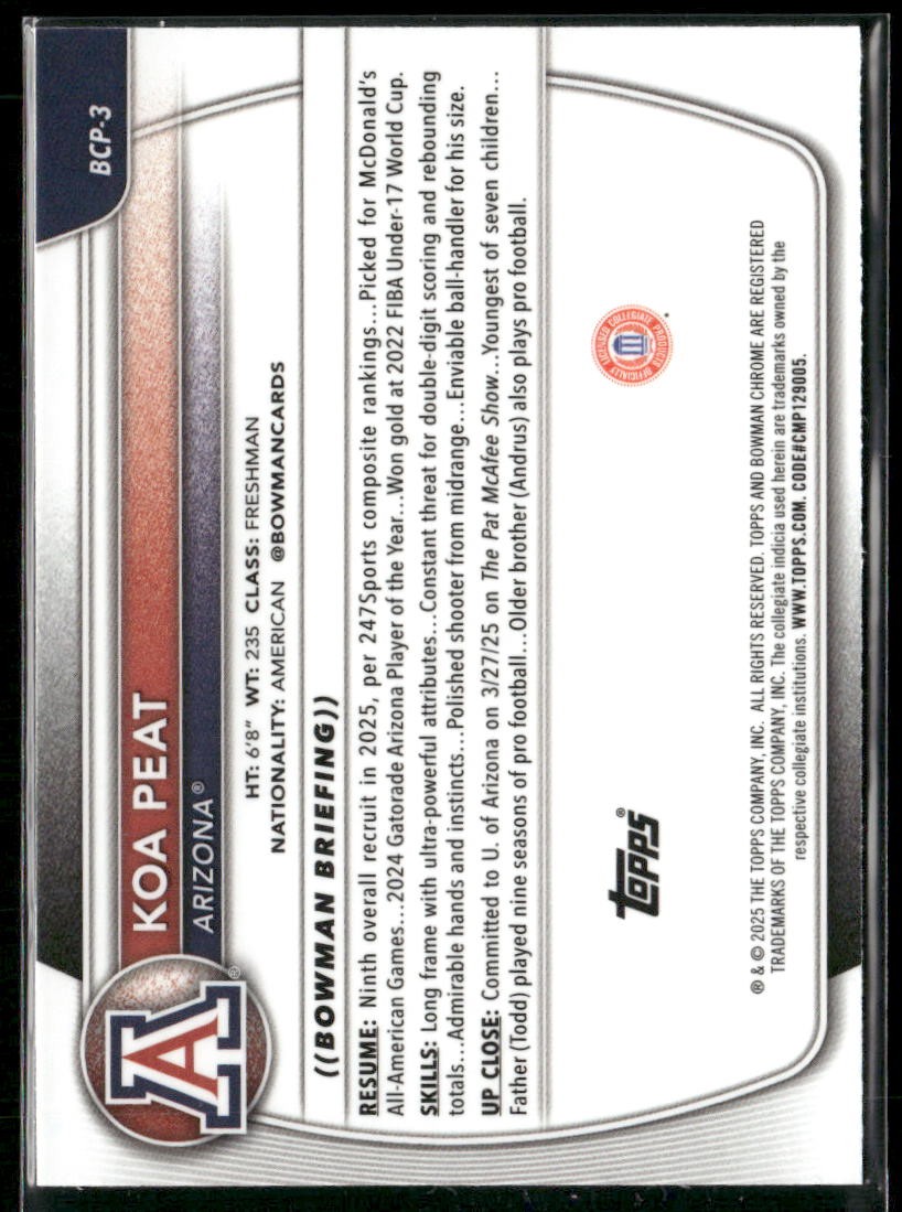 2025-26 Bowman #BCP-3 Koa Peat Chrome Prospects Reptilian Refractor
