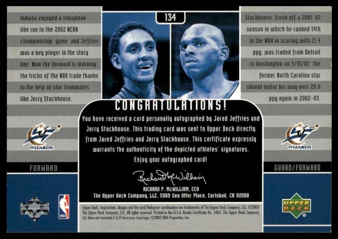 2002-03 Upper Deck Inspirations Jared Jeffries & Jerry Stackhouse #/1600 AUTO