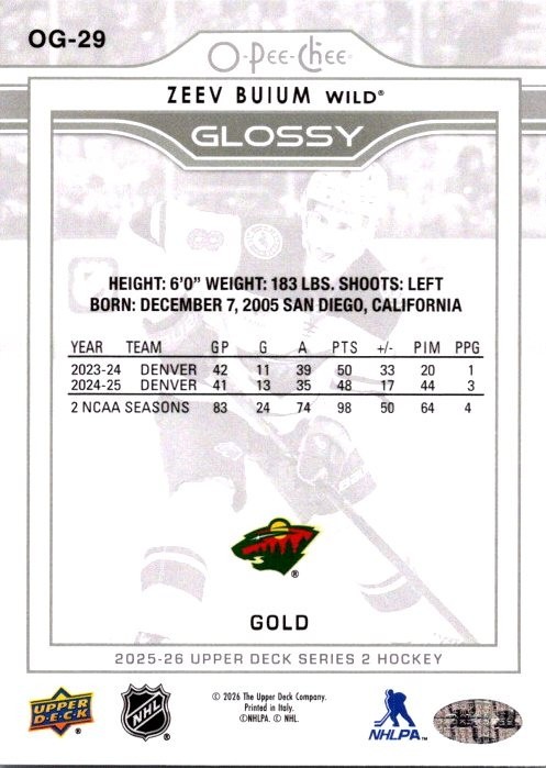 2025-26 Upper Deck Series 2 Hockey – Zeev Buium O-Pee-Chee Glossy Gold #OG-29 RC