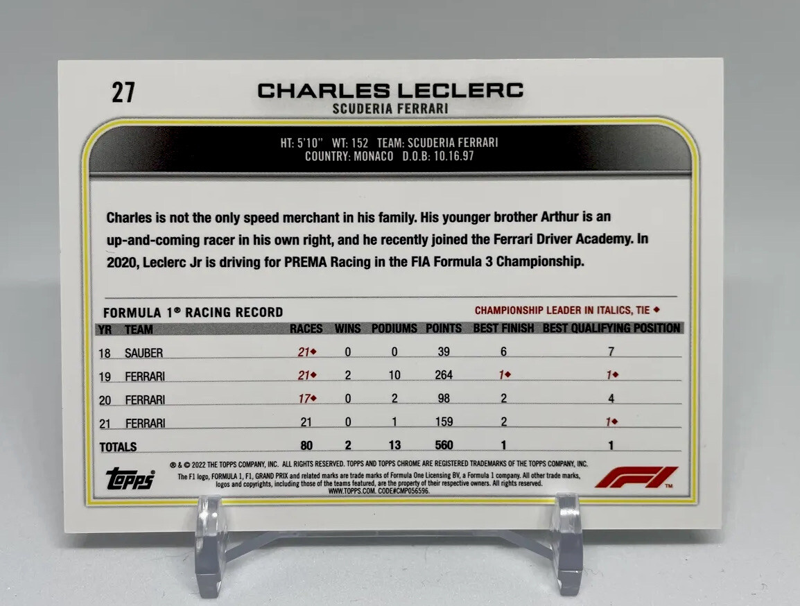 Charles Leclerc 2022 Topps Chrome F1 Checker Flag X-Fractor Scuderia Ferrari #27