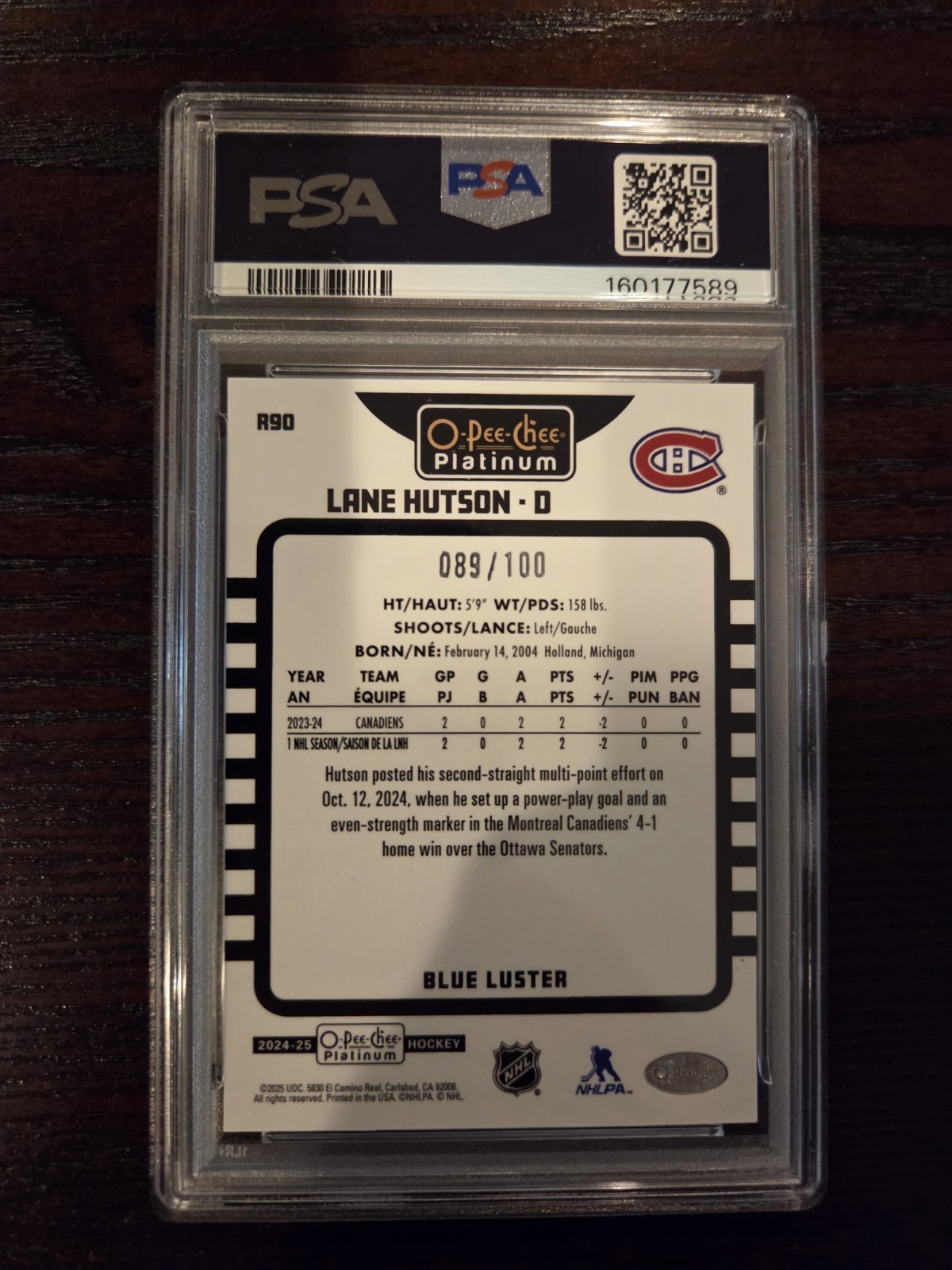 Lane Hutson 2024-25 OPC Platinum #R90 Retro Blue Luster /100 Rookie PSA 9