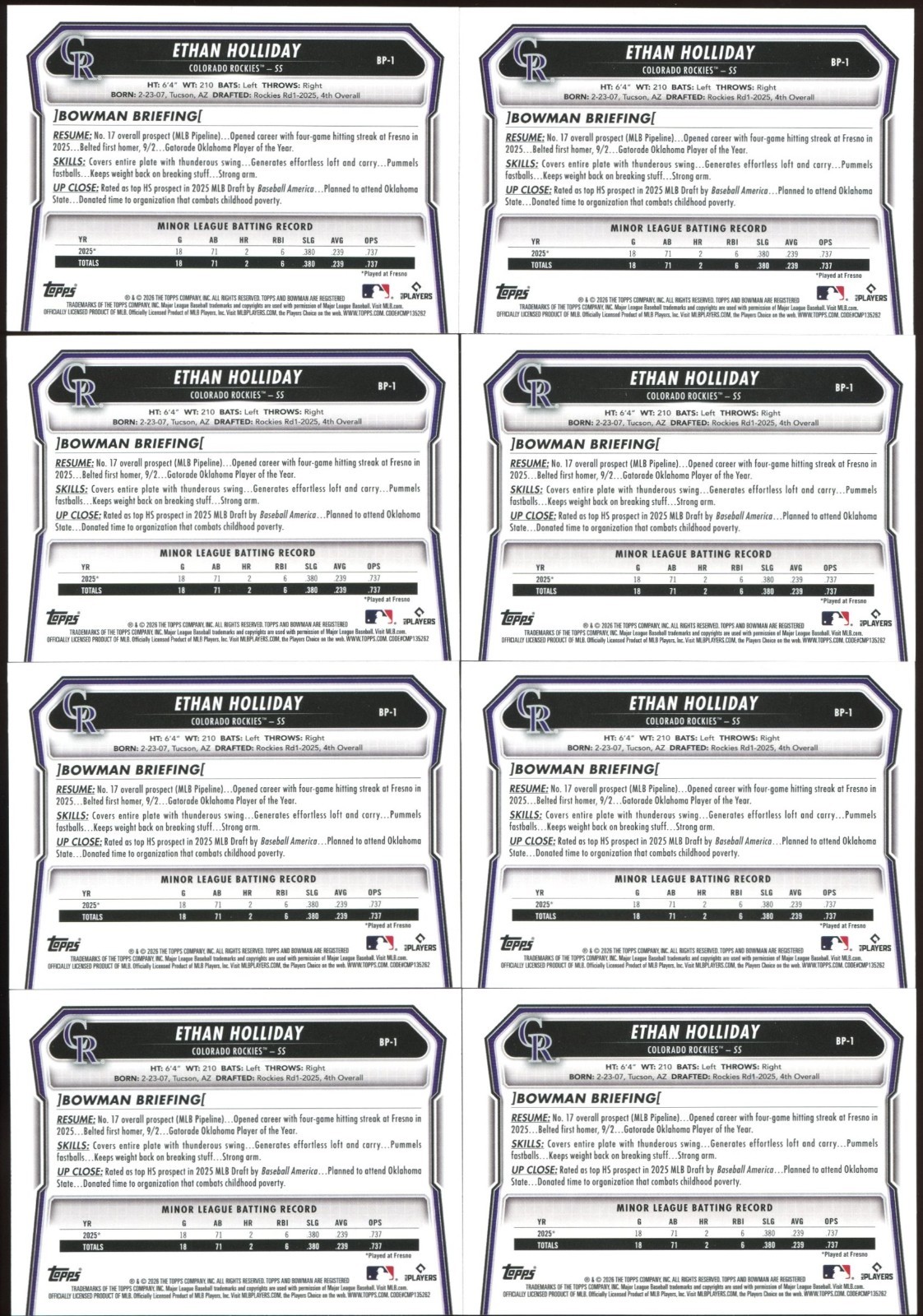 Ethan Holliday 2026 Bowman BP-1 1st – 8 Card Lot