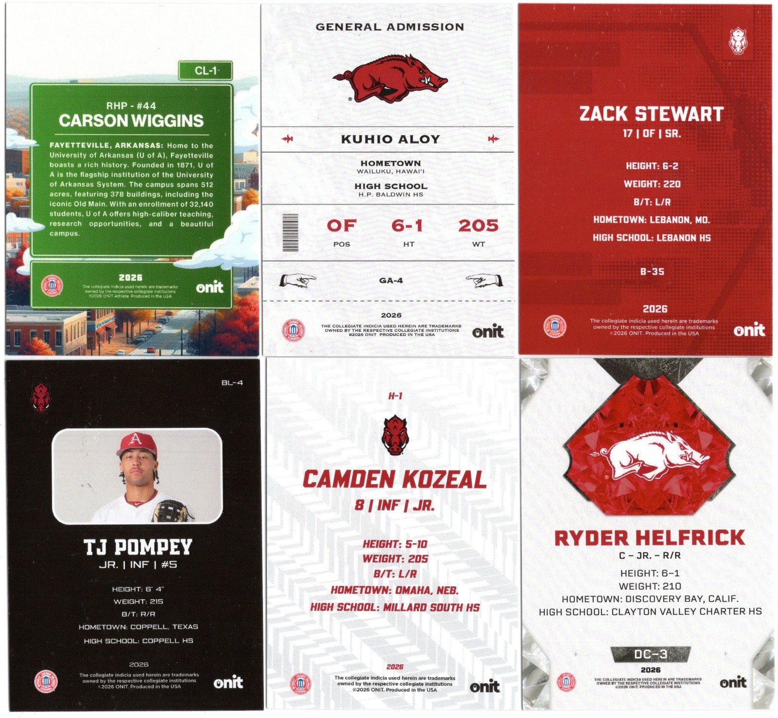 2026 ONIT Athlete Arkansas Razorbacks Baseball Team Trading Cards – You Pick!