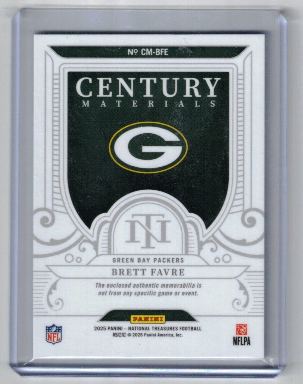 2025 Panini National Treasures – Century Materials Brett Favre #CM-BFE /49 (MEM)
