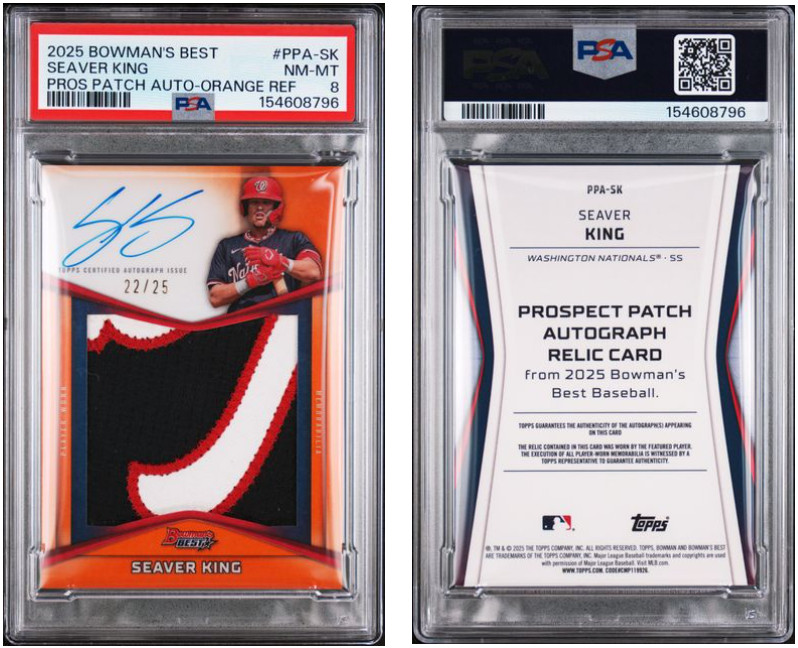 2025 BOWMAN’S BEST SEAVER KING PROSPECT PATCH AUTO ORANGE /25 PLAYER WORN PSA 8
