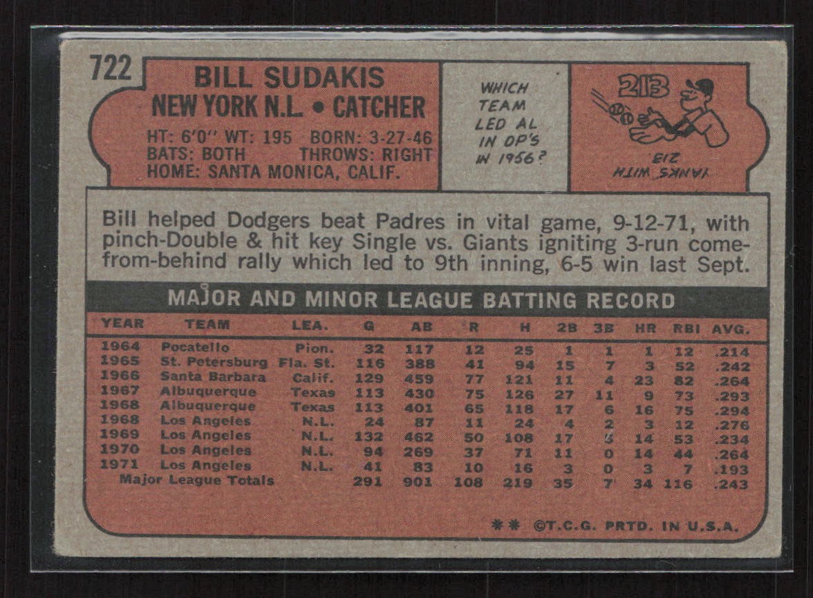 1972 Topps #722 Bill Sudakis – VG/EX Set Break! High #