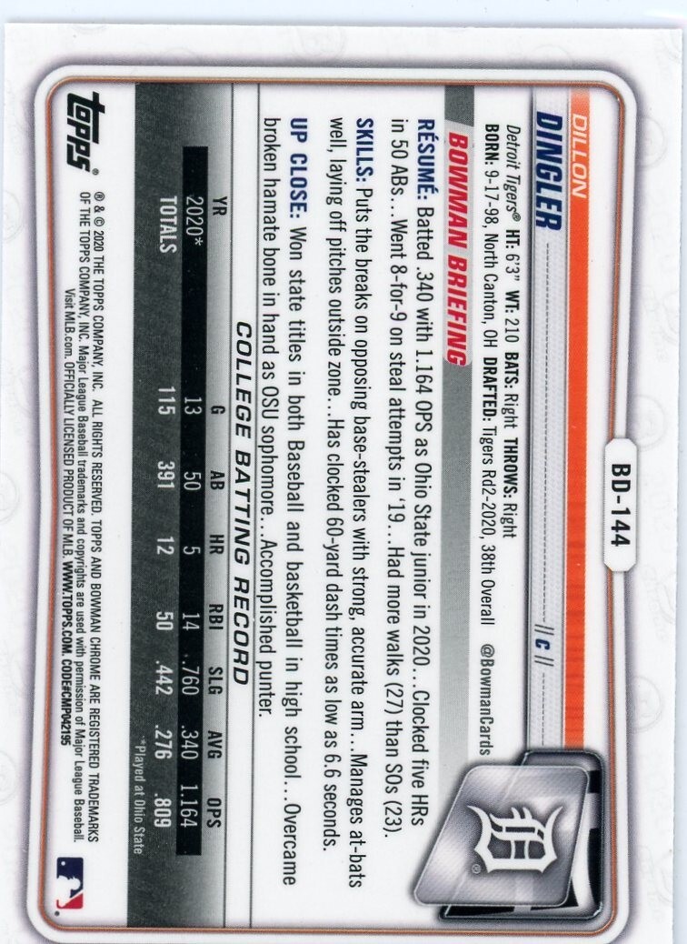 2020 Bowman Draft Dillon Dingler 1st RC Chrome Detroit Tigers #BD-144 Qty!