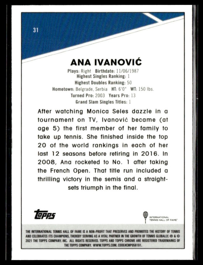 2021 Topps Chrome Sapphire Edition Tennis 31 Ana Ivanovic RC