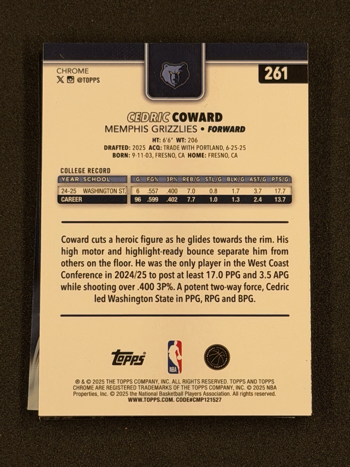 2025-26 Topps Chrome – Cedric Coward #261 Purple Refractor /75 (RC)