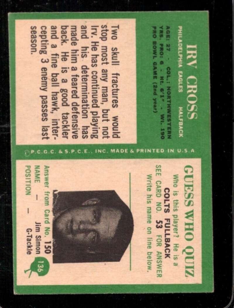 1966 PHILADELPHIA #136 IRV CROSS EX EAGLES *X34148