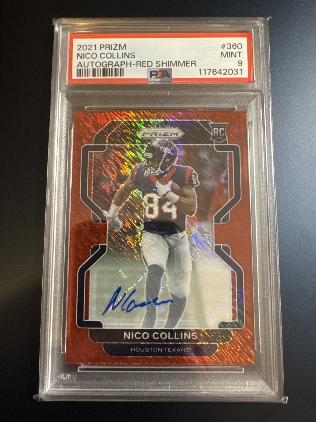 2021 Panini Prizm Football Nico Collins Red Shimmer Auto /35 RC PSA 9