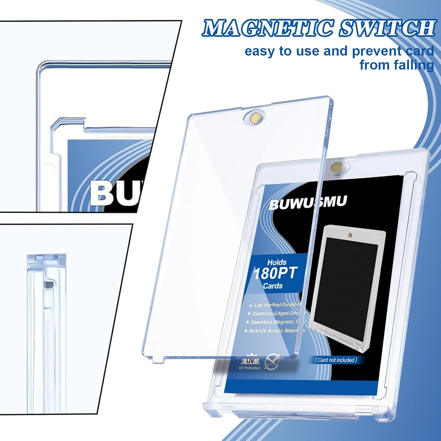 50 Pcs 180 Pt Acrylic Magnetic Card Holders, One Touch Clear Card Protectors, Ha