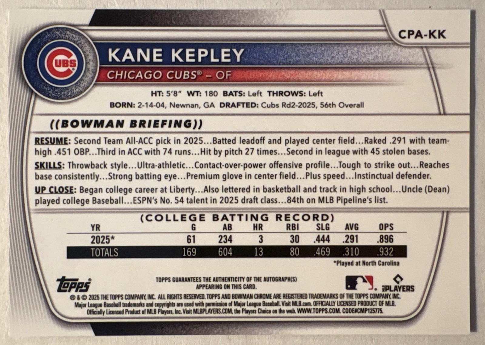 2025 Bowman Draft #CPA-KK Chrome Auto Gold Shimmer Refractor /50 1st Kane Kepley