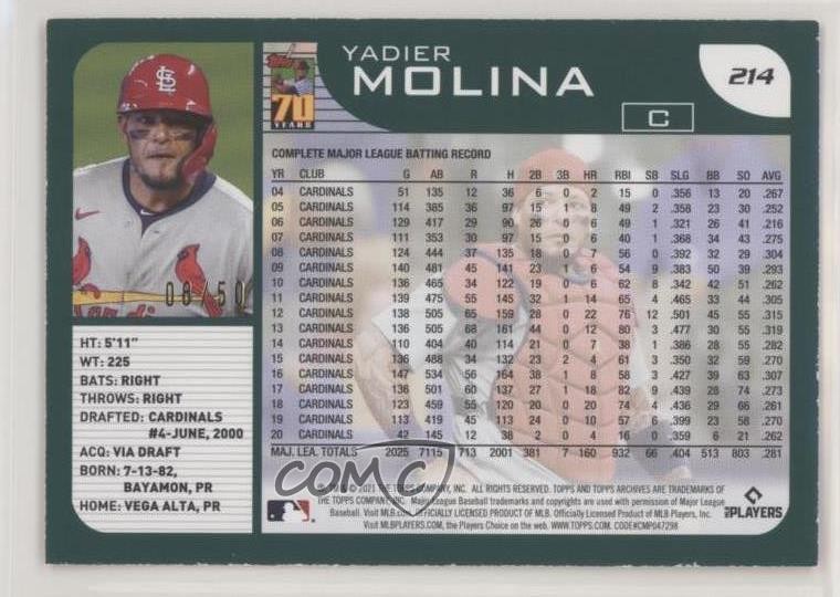 2021 Topps Archives 2001 Topps Red Hot Foil 8/50 Yadier Molina #214 i4v