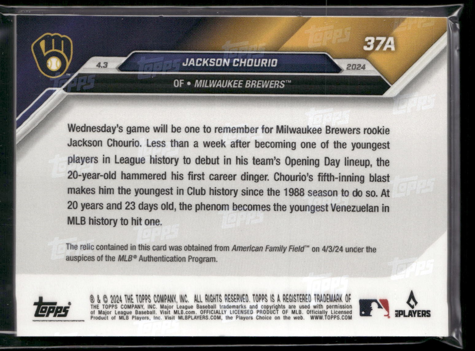 2024 Topps Now #37A Jackson Chourio Relics Full Color SN,MEM #/125