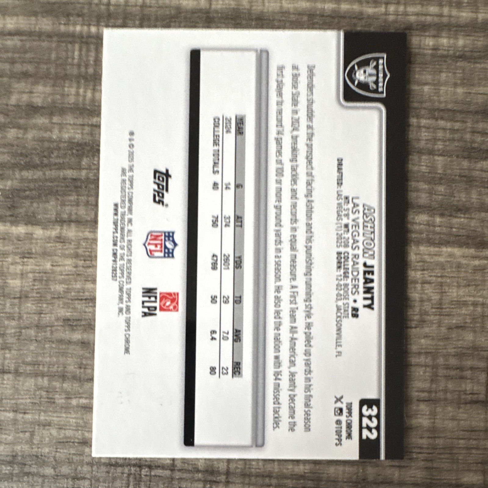 Topps 2024 Chrome Ashton Jeanty RC Rookie #322 Las Vegas Raiders 051/275