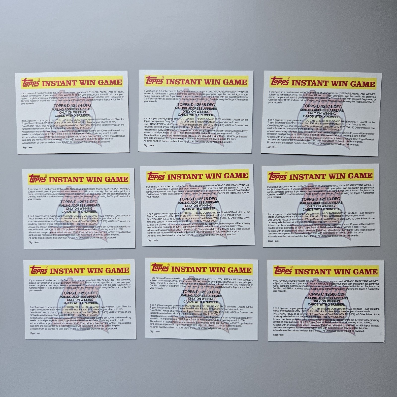 LOT OF 36 CARDS – 1991 Topps Baseball 40th Anniversary Instant Win Game Contest
