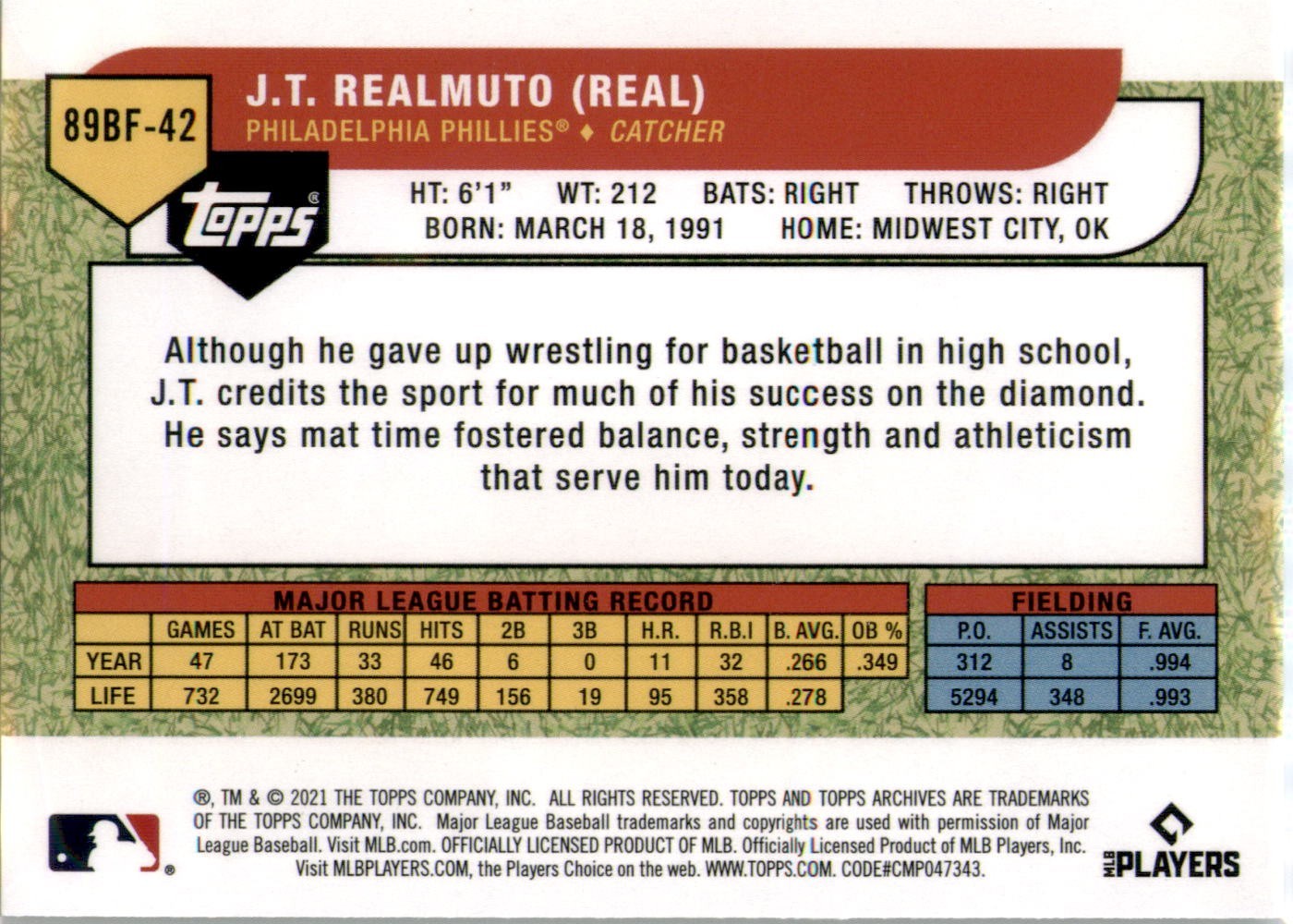 2021 Topps Archives – 1989 Topps Big Foil J.T. Realmuto #89BF-42