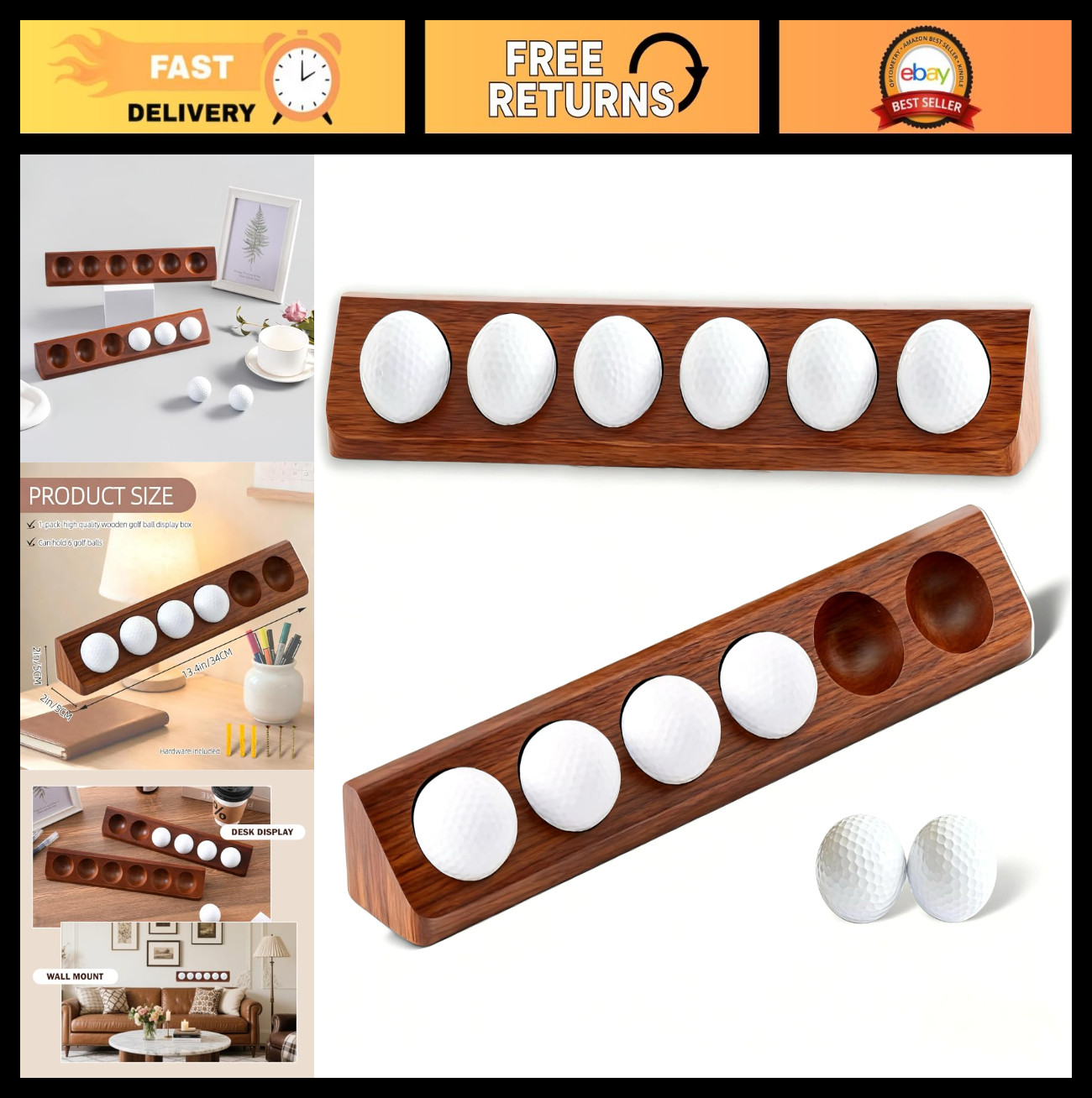 2-Pack Wooden Golf Ball Display Case – Wall Mount/Tabletop Holder for Collectors