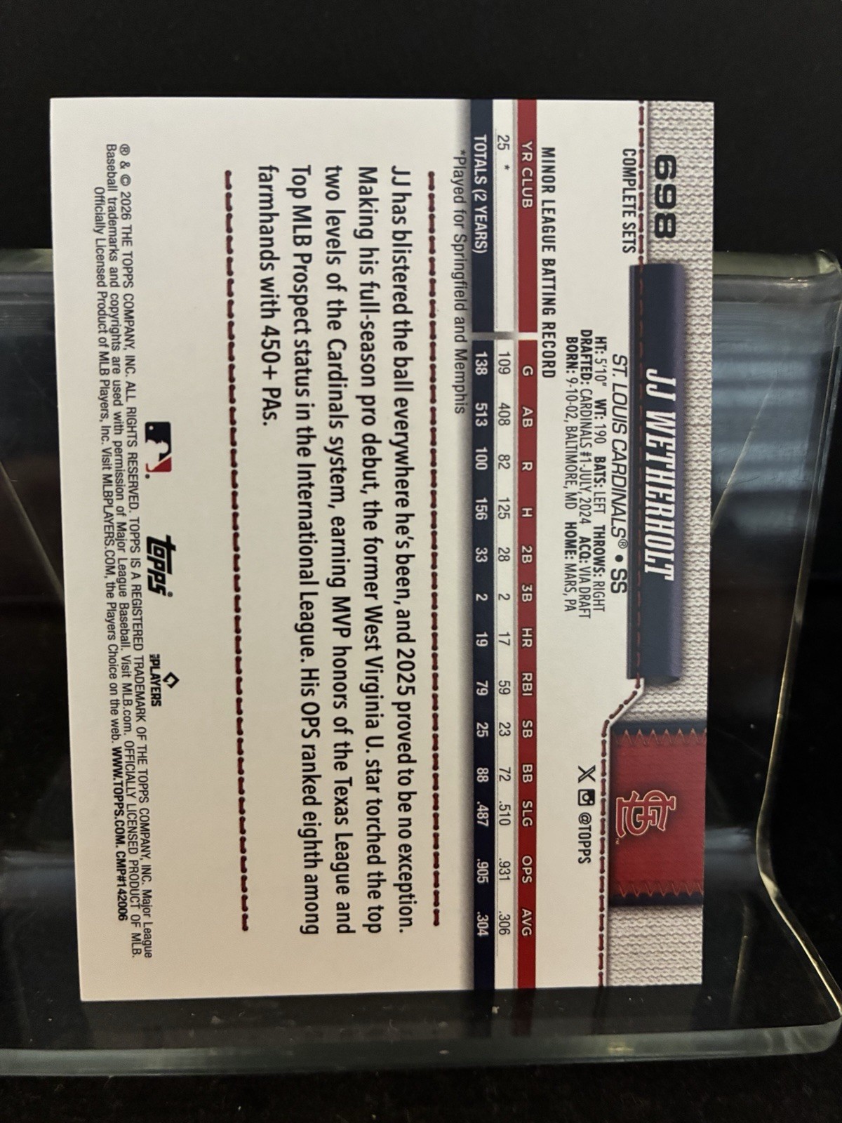2026 Topps Baseball Complete Set JJ Wetherholt RC Short Print #698 Cardinals