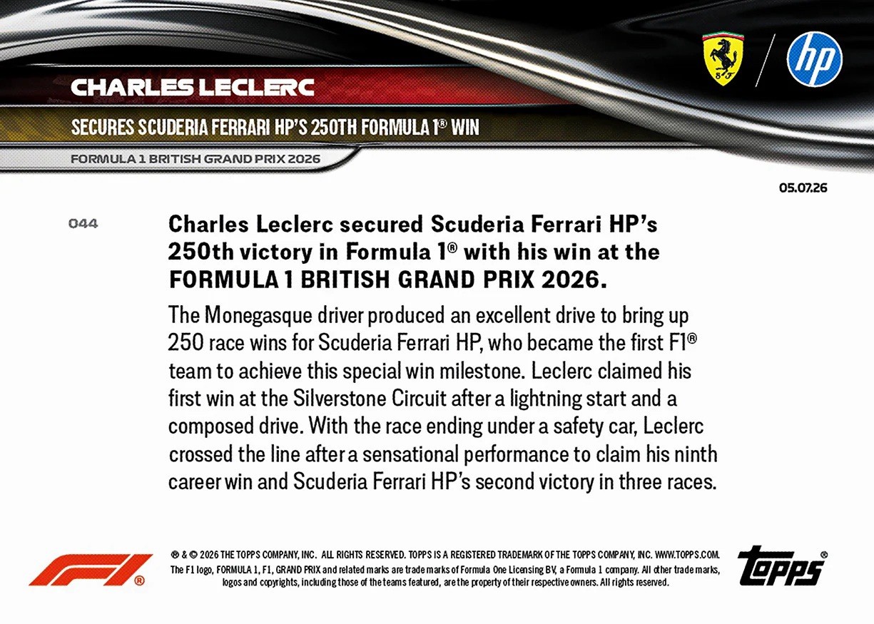 Charles Leclerc British GP 2026 Formula 1 Topps NOW Card 44 Presale – 250th Win