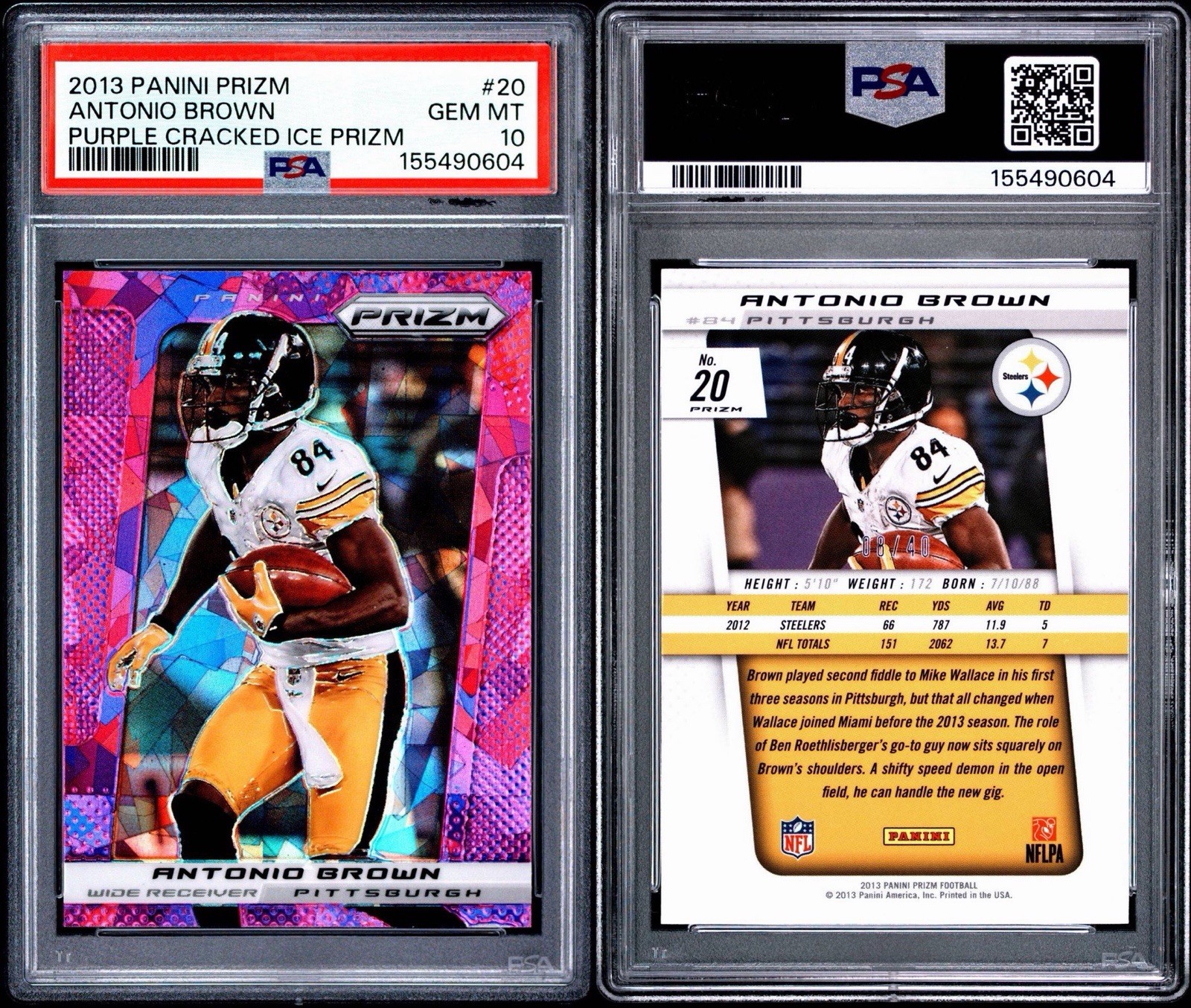 2013 Panini Prizm Antonio Brown Prizm #20 Purple Cracked Ice /40 PSA 10 Steelers