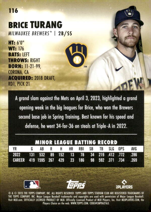2023 TOPPS STADIUM CLUB #116 BRICE TURANG RC ROOKIE MILWAUKEE BREWERS BASEBALL